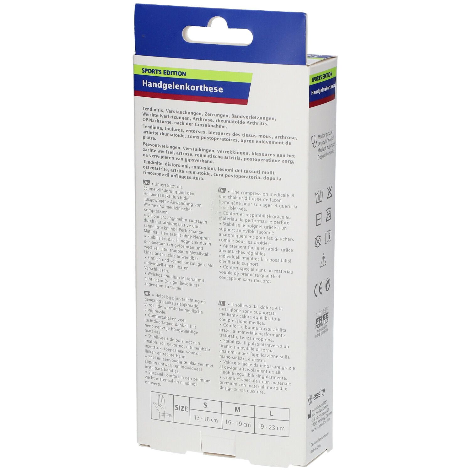 Achterkant van de Actimove Sport Bandage Poignet Medium verpakking. Productinformatie en maten. Maten S, M, L.