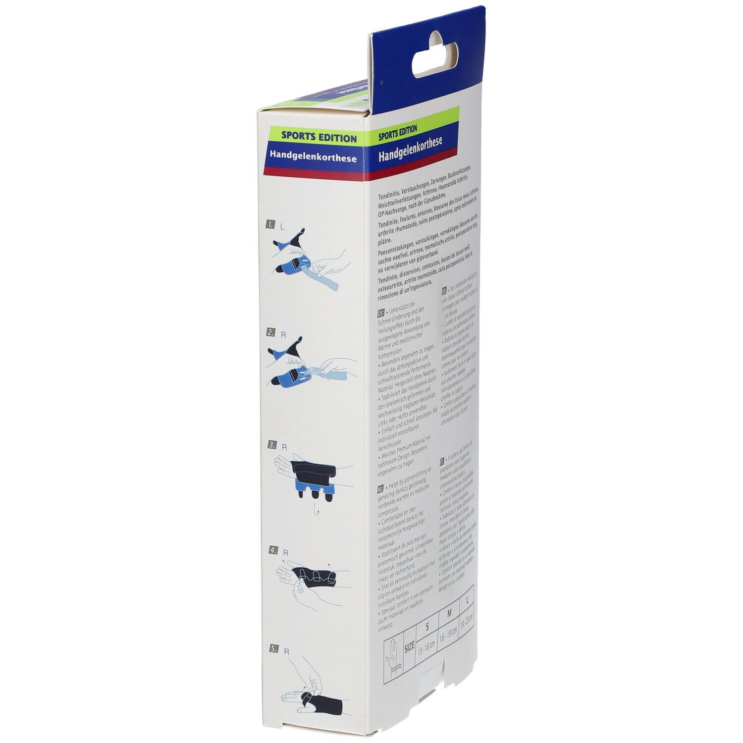 Zijaanzicht van de Actimove Sport Bandage Poignet Medium verpakking. Productillustraties en maten. Maten S, M, L.