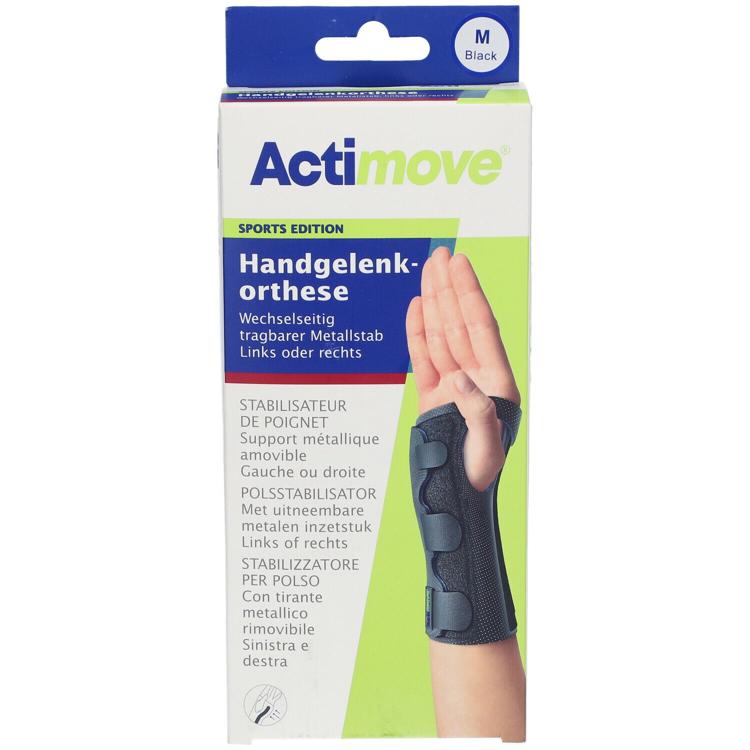 Actimove Sport Bandage Poignet Medium in de verpakking. Zwarte polsbrace. Maat M.