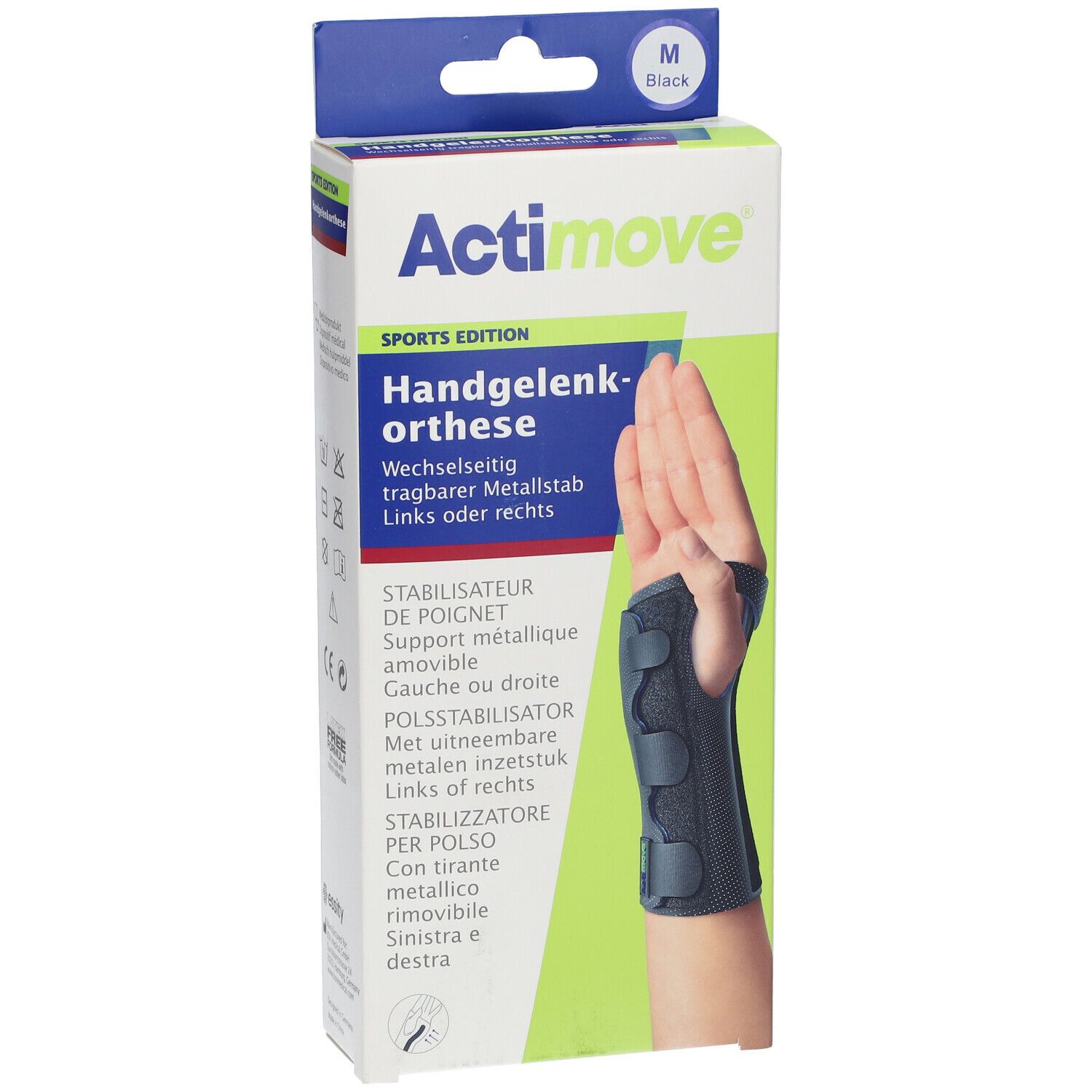 Actimove Sport Bandage Poignet Medium in de verpakking. Zwarte polsbrace. Maat M.