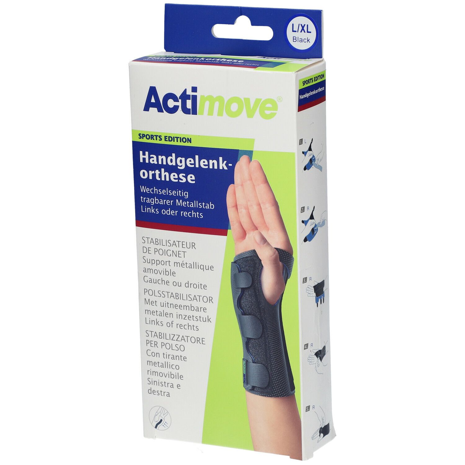 Verpakking Actimove polsbrace. Zwart, L/XL. Productafbeelding en naam op de verpakking.