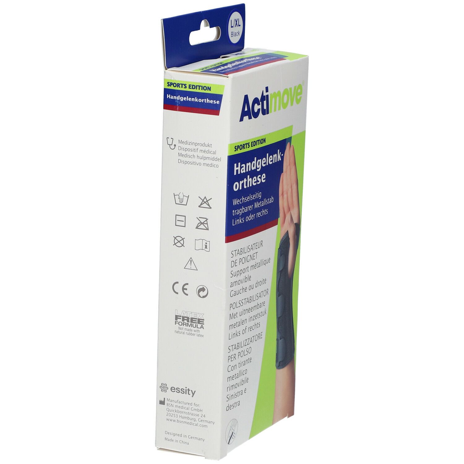 Actimove polsbrace verpakking, zijaanzicht. Productnaam, logo's en informatie op de verpakking.