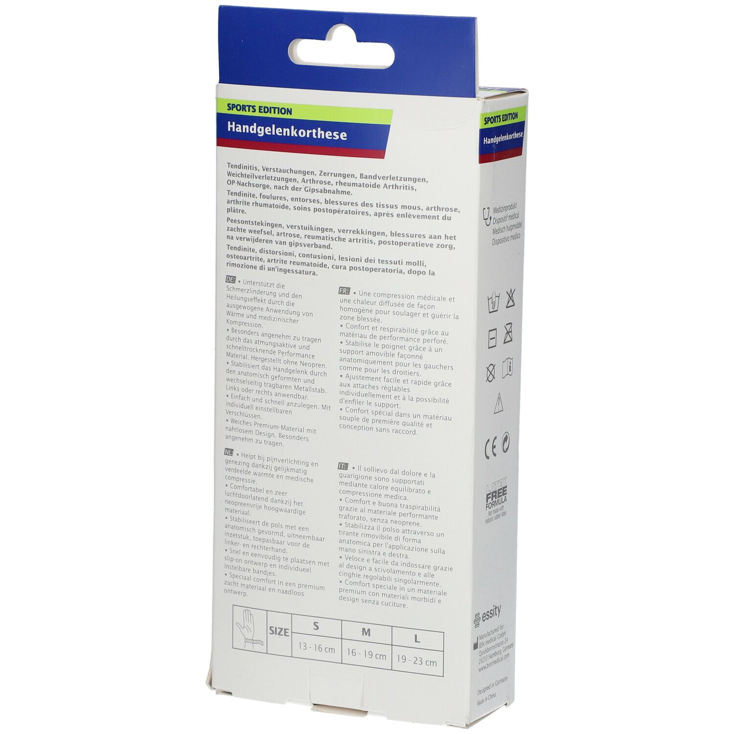Achterkant Actimove polsbrace verpakking. Informatie, maten en logo's.