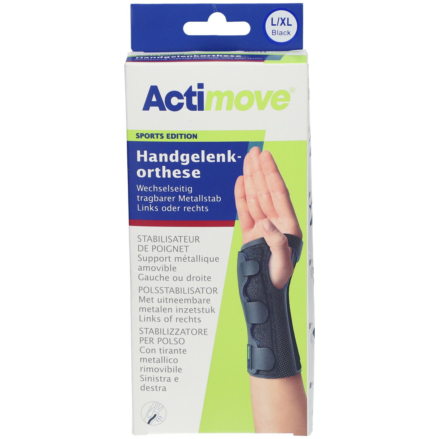 Actimove polsbrace in verpakking. Zwart, L/XL. Productnaam en afbeelding op de verpakking.