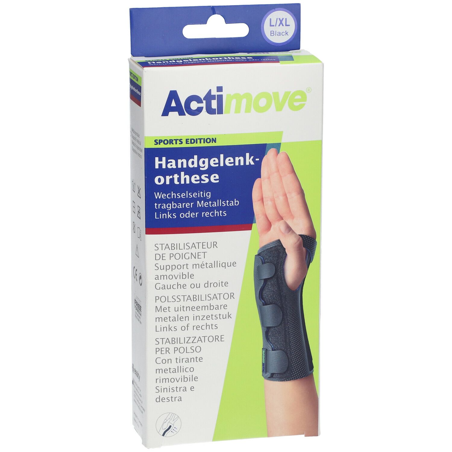 Actimove polsbrace in verpakking. Zwart, L/XL. Productnaam en afbeelding op de verpakking.