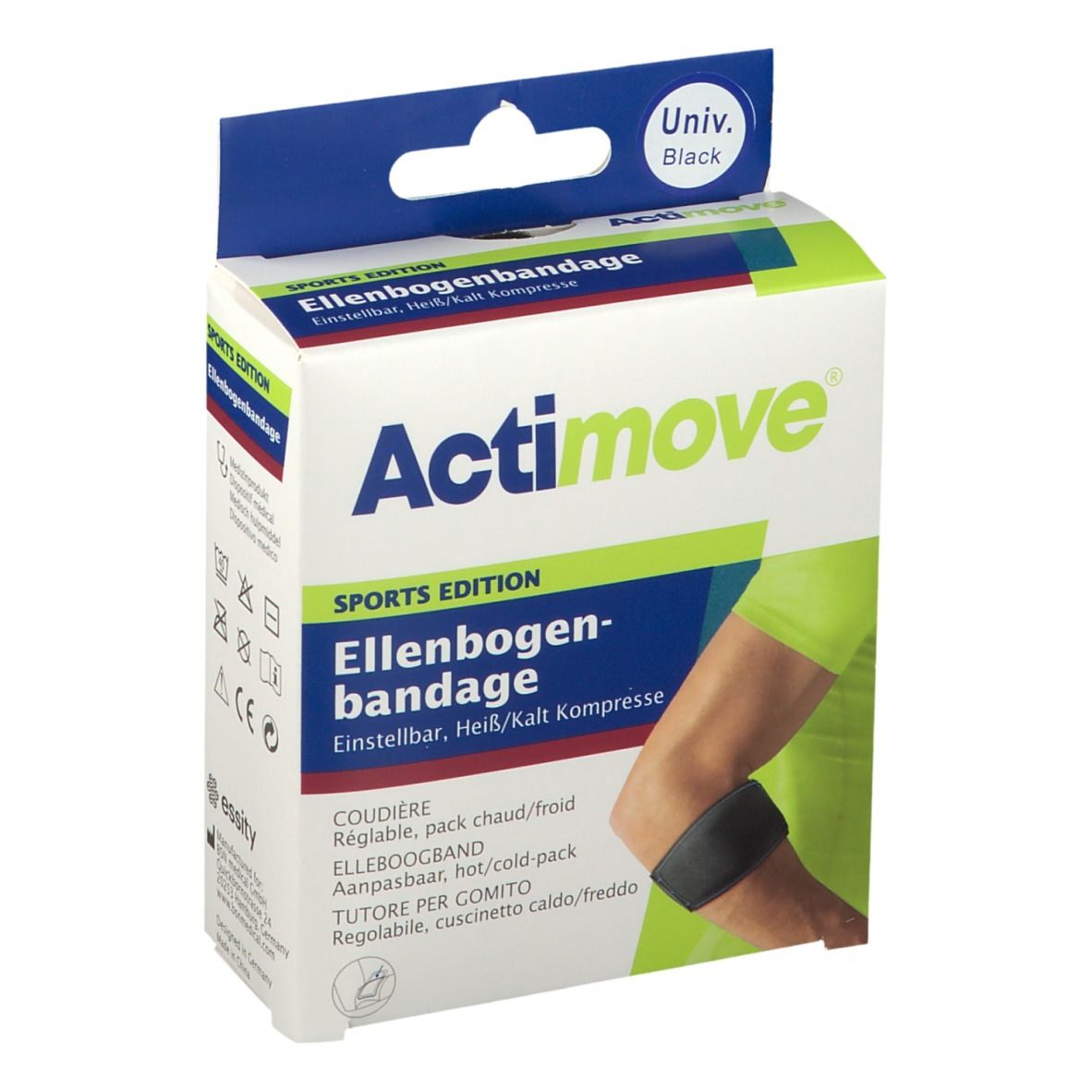 Verpakking Actimove elleboogbandage. Zwart, met productafbeelding en merknaam. Bevat warm/koud kompres.