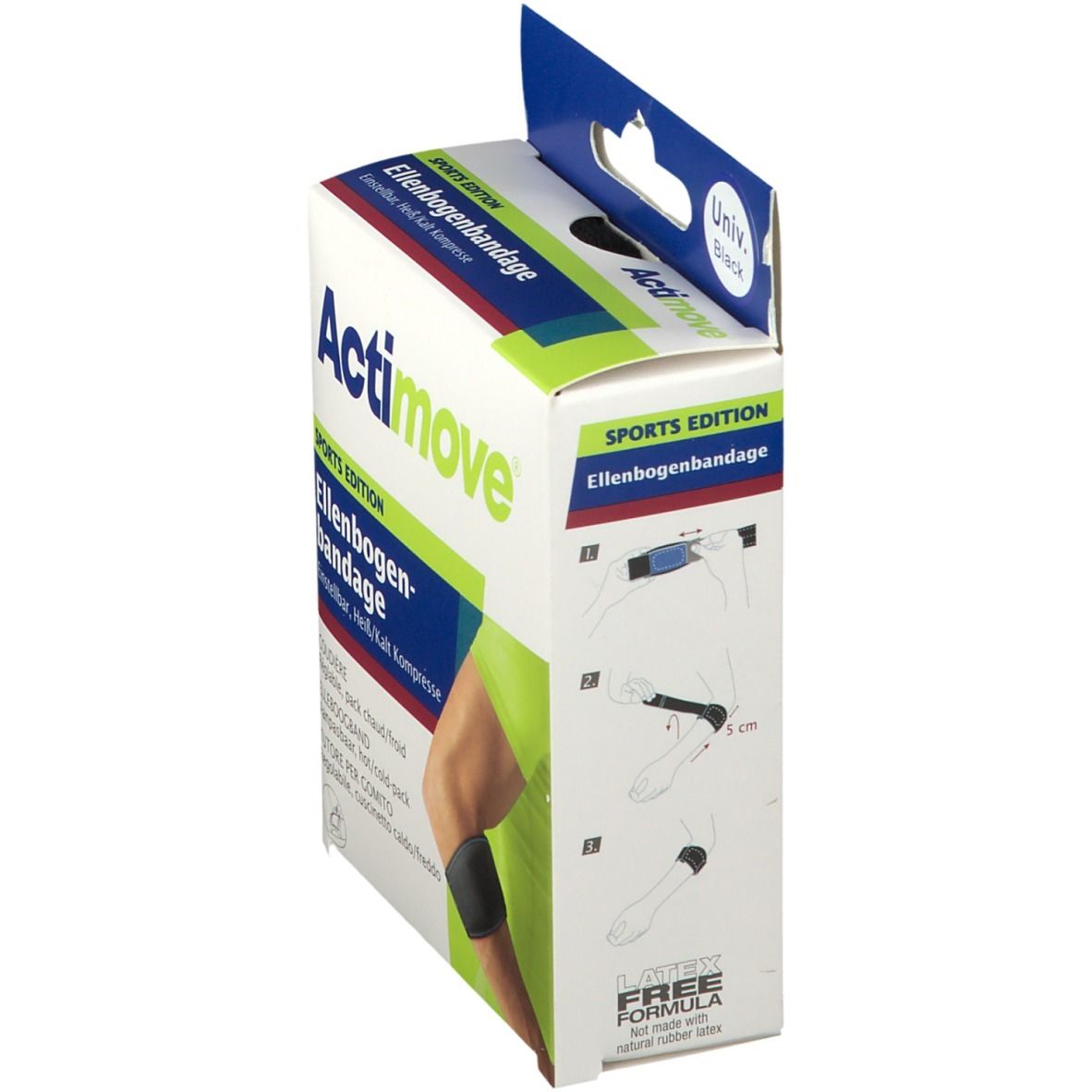 Actimove elleboogbandage verpakking, zijaanzicht. Productafbeelding en instructies. Latexvrije formule.