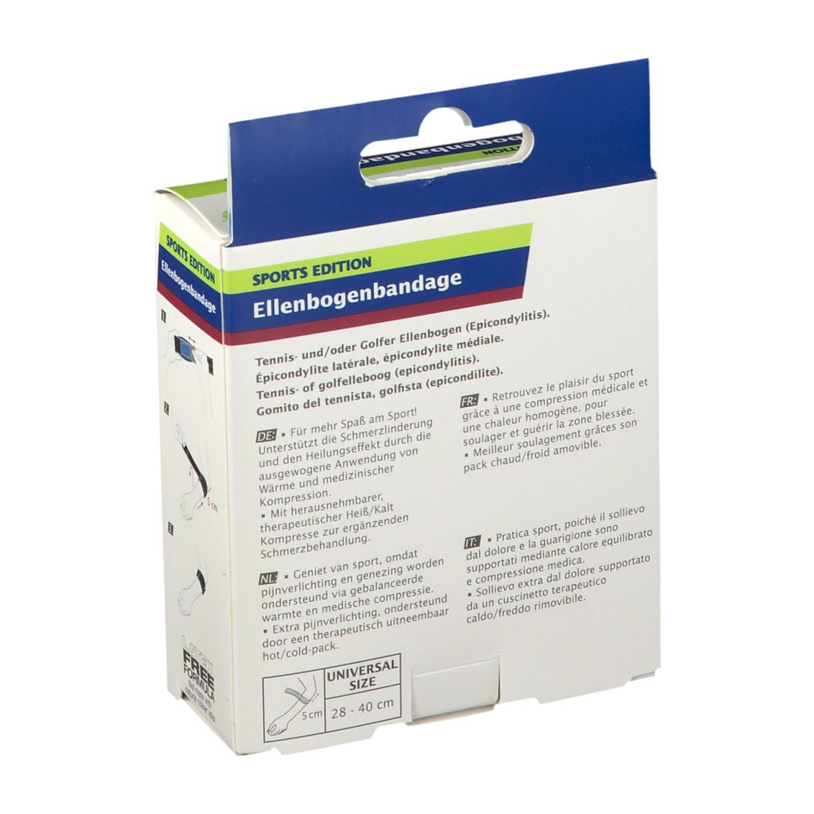 Achterkant Actimove elleboogbandage verpakking. Informatie over tenniselleboog. Universele maat.