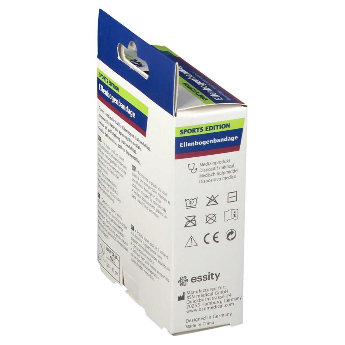 Achterkant Actimove elleboogbandage verpakking. Medisch hulpmiddel. Wasvoorschriften en fabrikantinfo.