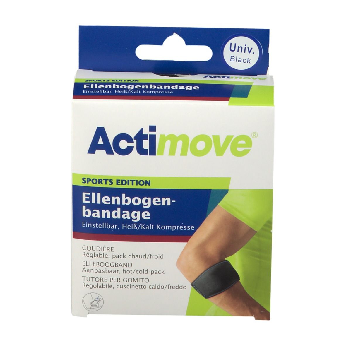 Actimove elleboogbandage verpakking. Vooraanzicht met productafbeelding en merknaam. Zwart.