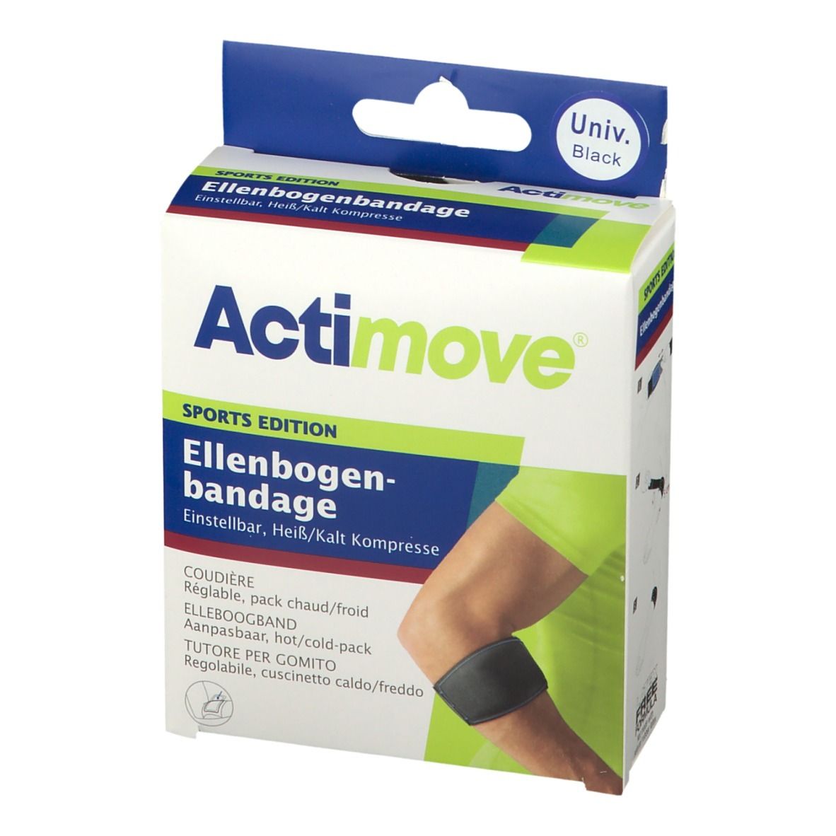 Actimove elleboogbandage verpakking. Vooraanzicht met productafbeelding en merknaam. Zwart.