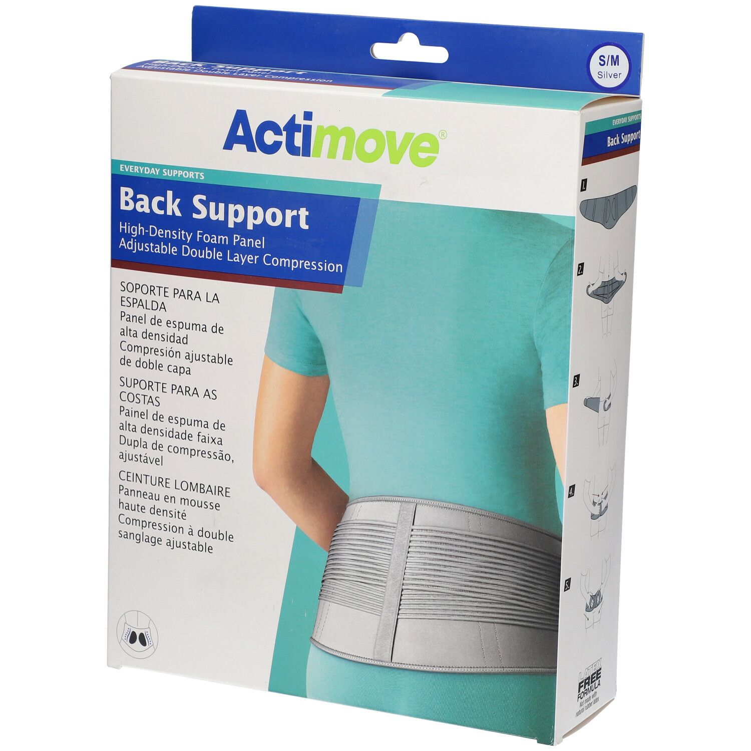 Verpackung mit Actimove Back Support. Aufdruck: High-Density Foam Panel, verstellbare Doppel-Layer-Kompression. Person trägt den Rücken.