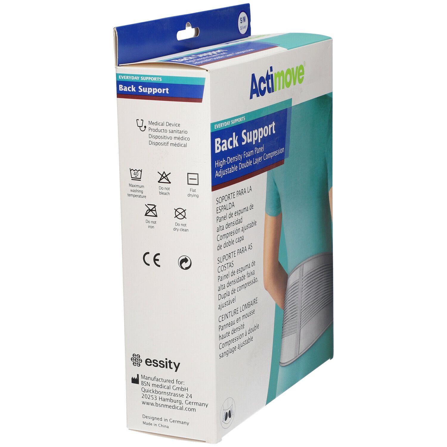Verpackung Actimove Back Support. Aufdruck: High-Density Foam Panel, verstellbare Doppel-Layer-Kompression. Waschsymbole, CE-Zeichen.