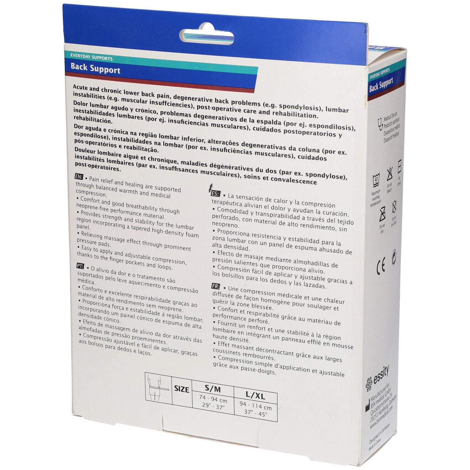 Rückseite der Actimove Back Support Verpackung. Text: Akute und chronische Schmerzen, degenerative Probleme. Größenangaben S/M, L/XL.