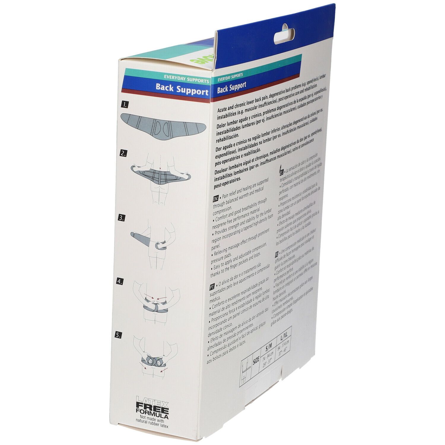Seite der Actimove Back Support Verpackung. Illustrationen zur Anwendung. Text: Akute und chronische Schmerzen, degenerative Probleme. Größenangaben.