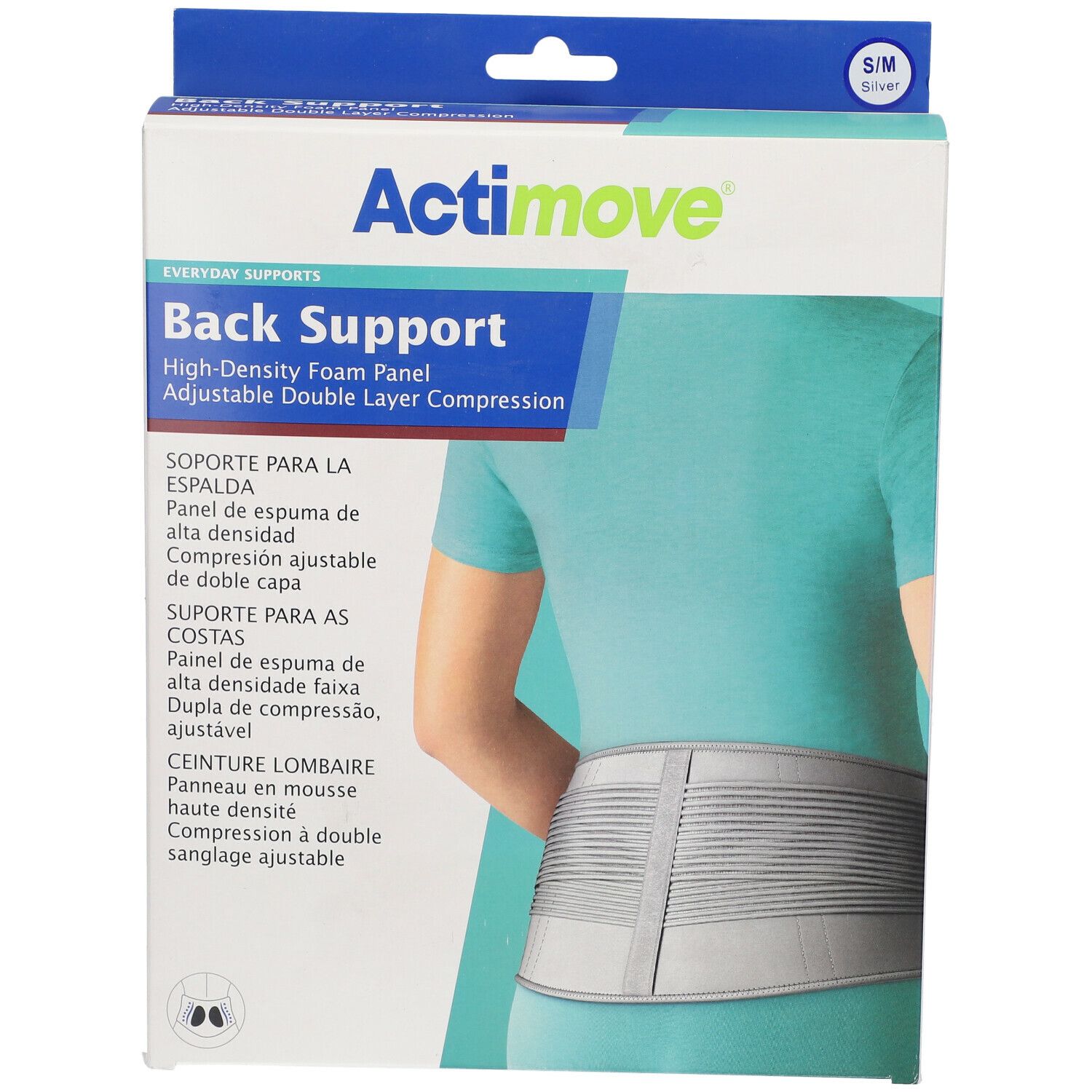 Verpackung Actimove Back Support. Aufdruck: High-Density Foam Panel, verstellbare Doppel-Layer-Kompression. Person trägt den Rücken.