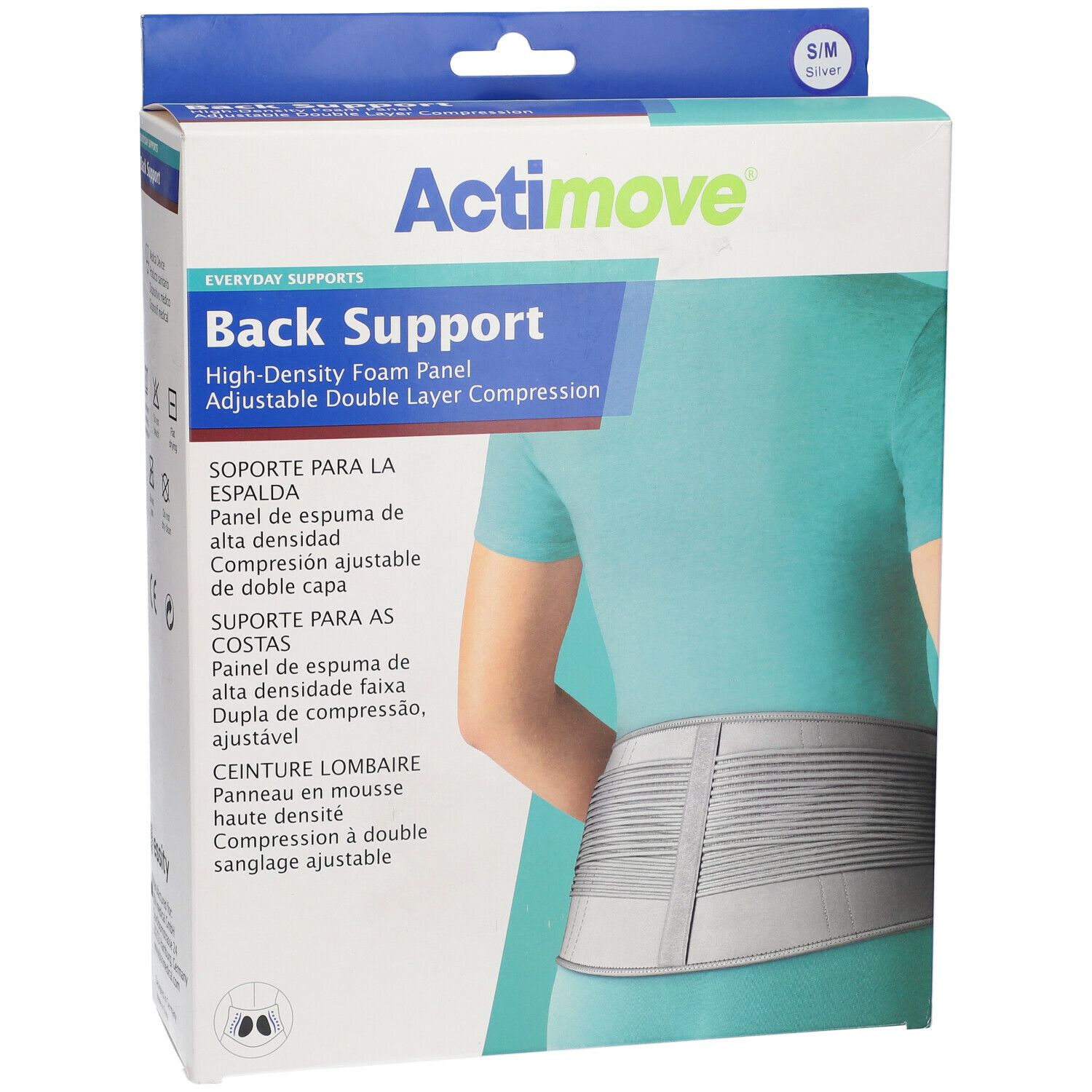 Verpackung Actimove Back Support. Aufdruck: High-Density Foam Panel, verstellbare Doppel-Layer-Kompression. Person trägt den Rücken.