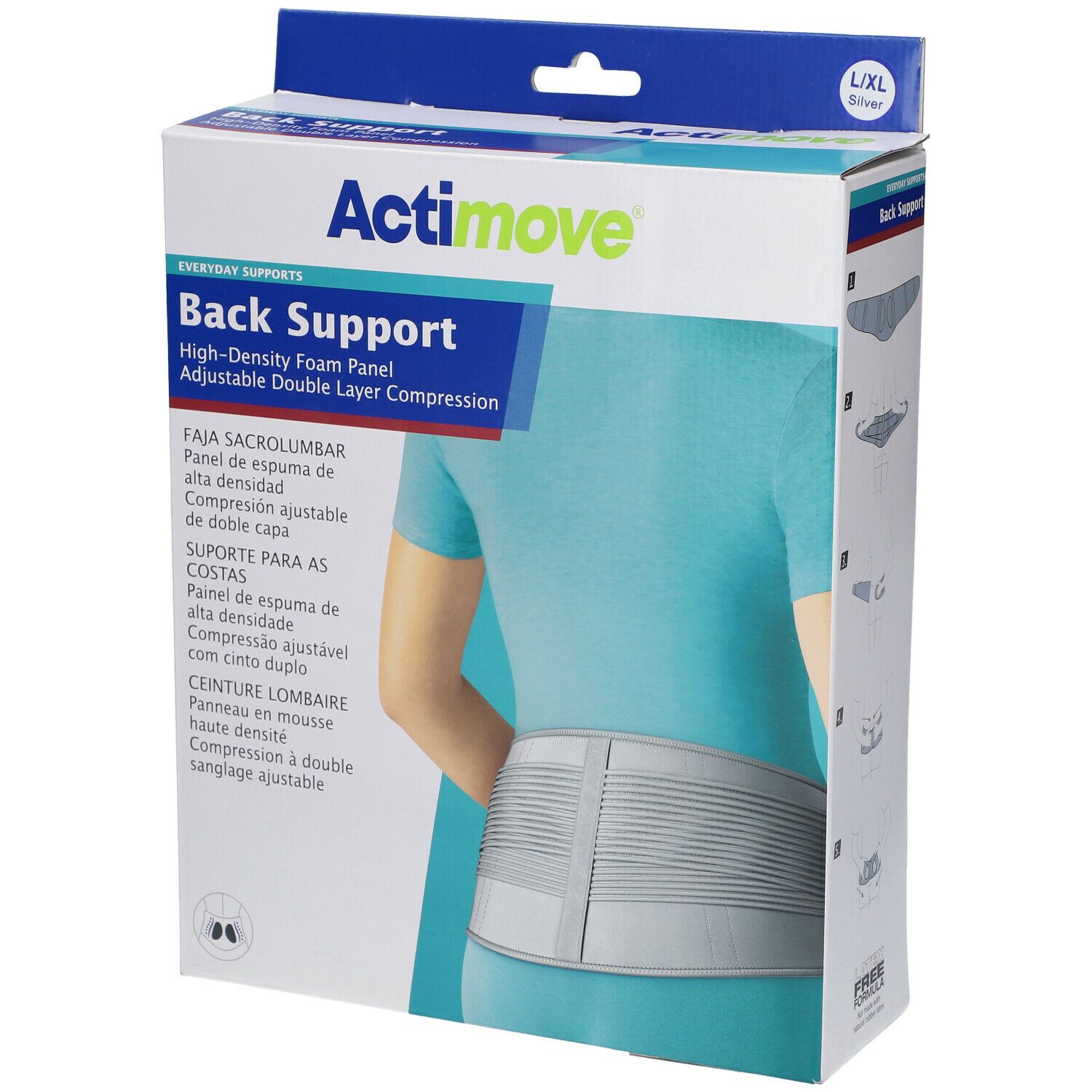 Verpakking Actimove Back Support. Opschrift: High-Density Foam Panel, Adjustable Double Layer Compression. Maat L/XL.