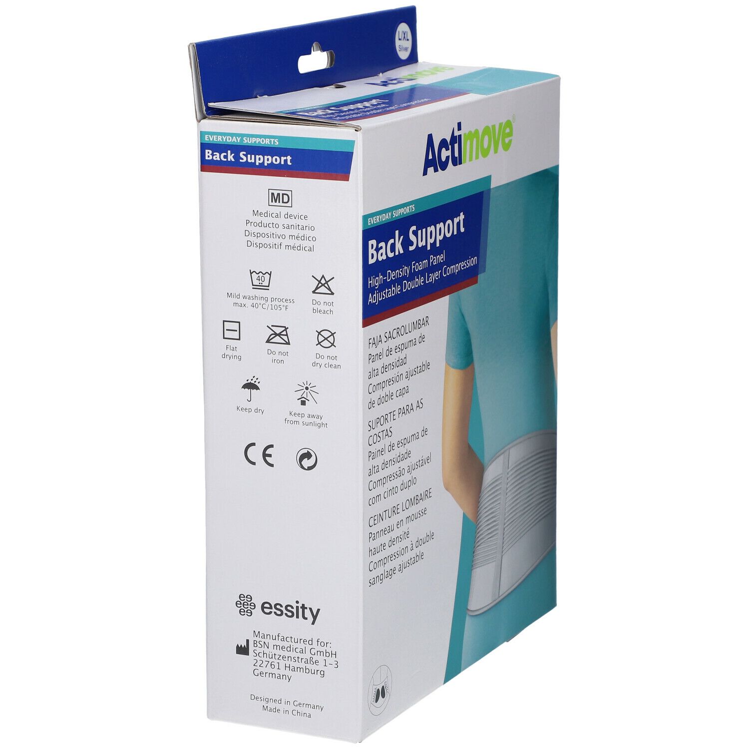 Verpakking Actimove Back Support. Opschrift: High-Density Foam Panel, Adjustable Double Layer Compression. Symbool medisch hulpmiddel.