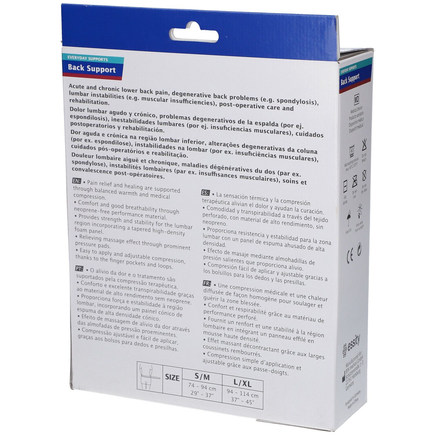 Achterkant verpakking Actimove Back Support. Tekst over indicaties en voordelen. Maten: S/M en L/XL.