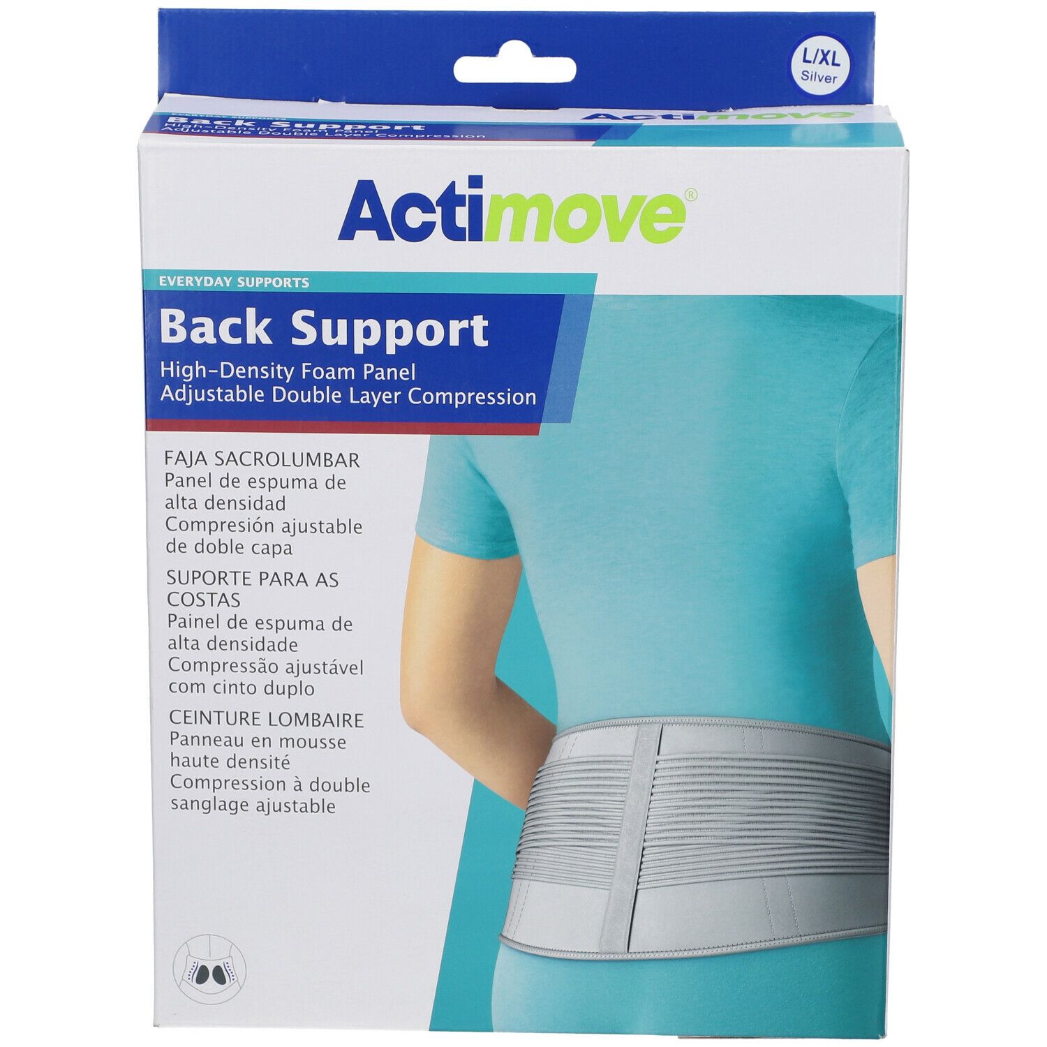 Verpakking Actimove Back Support. Opschrift: High-Density Foam Panel, Adjustable Double Layer Compression. Maat L/XL.