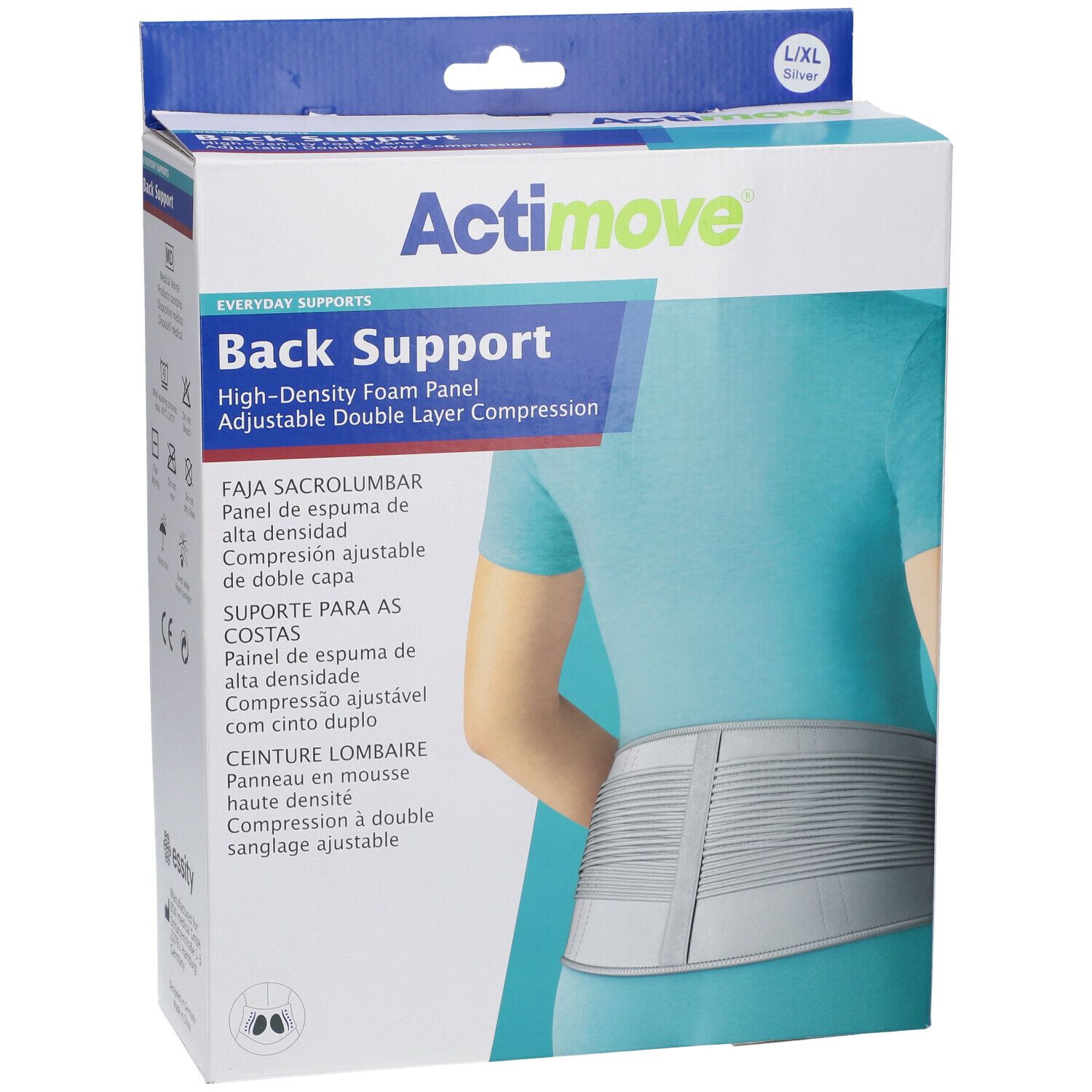 Verpakking Actimove Back Support. Opschrift: High-Density Foam Panel, Adjustable Double Layer Compression. Maat L/XL.
