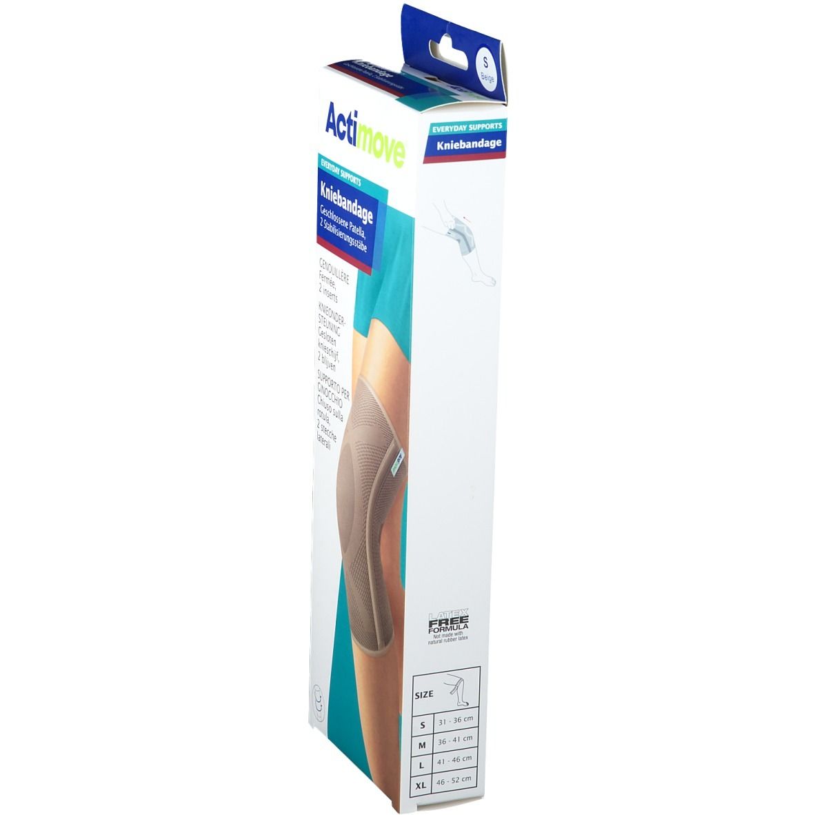 Emballage de genouillère Actimove, vue latérale. Bandage beige, tailles : S, M, L, XL.