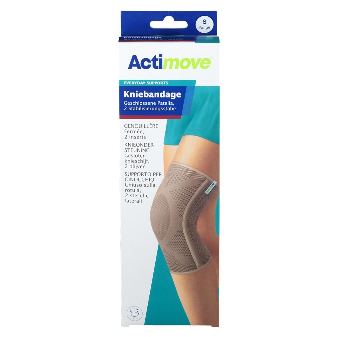 Actimove genouillère en emballage. Beige, fermée, avec support rotulien. Taille S.