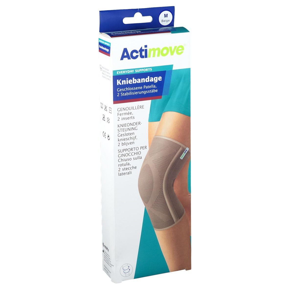 Emballage Actimove Kniebandage. Bandage beige sur la jambe. Nom du produit et indication de taille sur l'emballage.