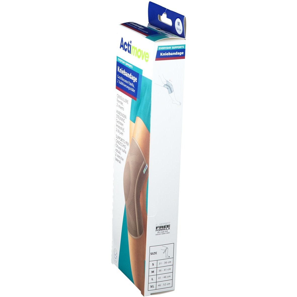 Emballage étroit Actimove Kniebandage. Vue latérale avec indications de taille. Nom du produit et logo en haut.