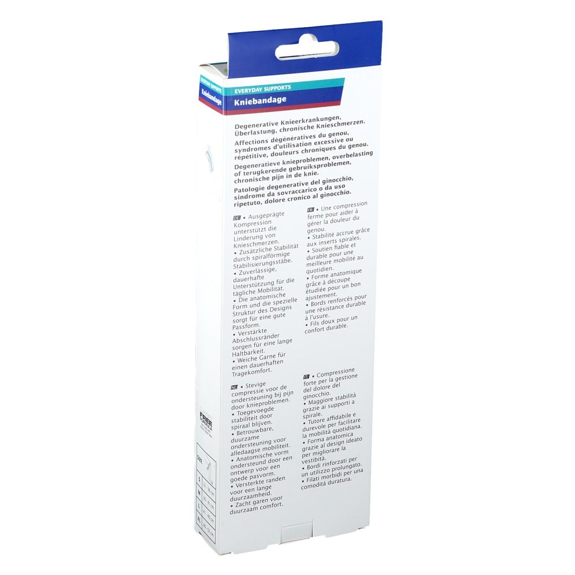 Dos de l'emballage Actimove Kniebandage. Texte en plusieurs langues. Nom du produit et logo en haut.