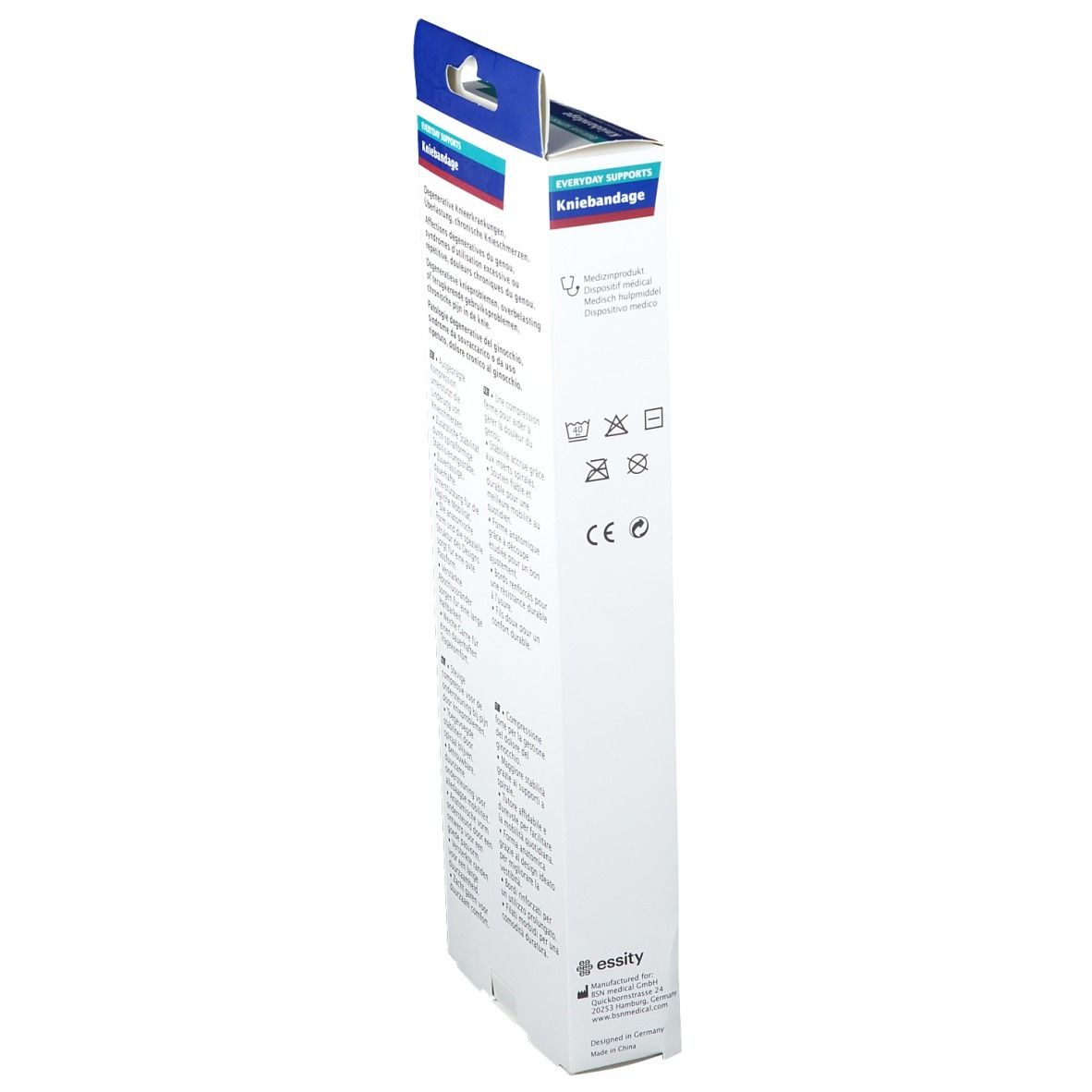 Vue latérale de l'emballage Actimove Kniebandage. Texte et symboles. Nom du produit et logo en haut.