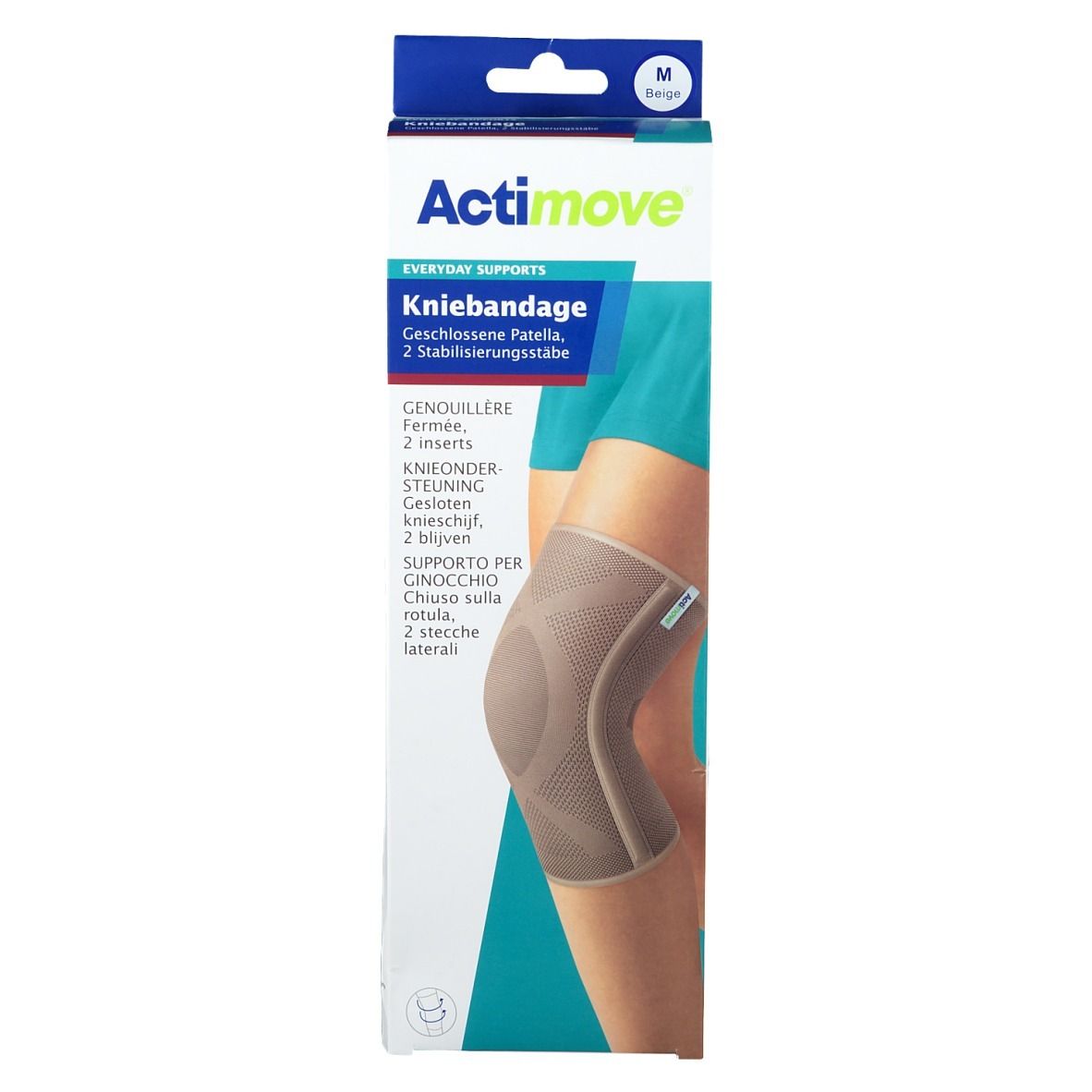Emballage Actimove Kniebandage. Bandage beige sur la jambe. Nom du produit et indication de taille sur l'emballage.