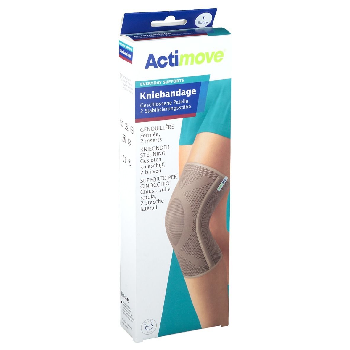 Emballage de l'Actimove Kniebandage. Inscription : Kniebandage, rotule fermée, 2 barres de stabilisation. Illustration du produit.