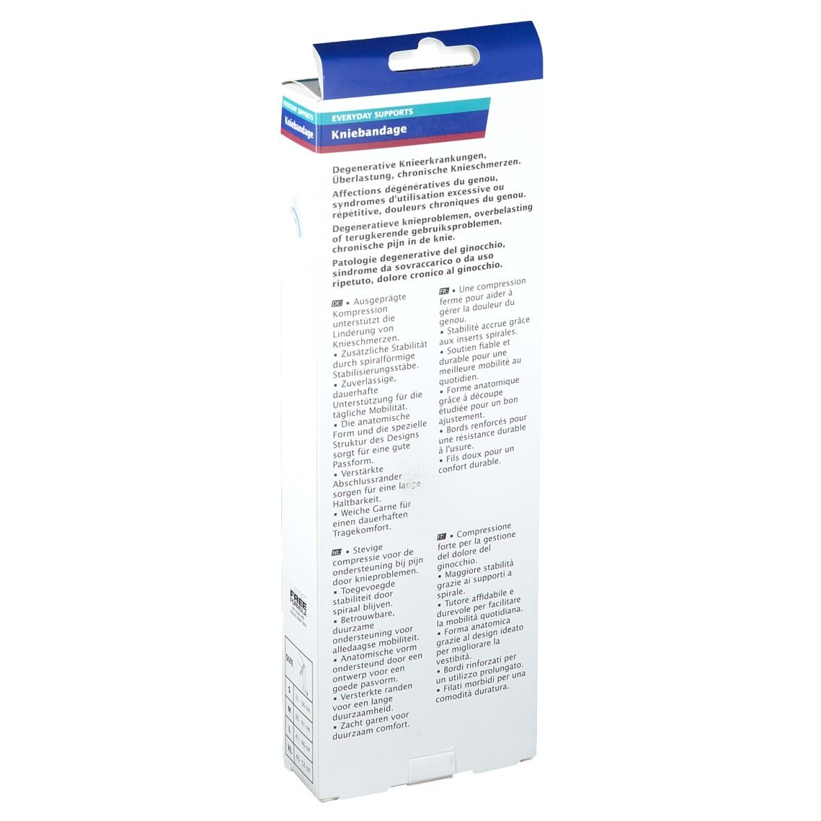 Dos de l'emballage Actimove Kniebandage. Texte : informations sur les maladies dégénératives du genou, compression, etc.
