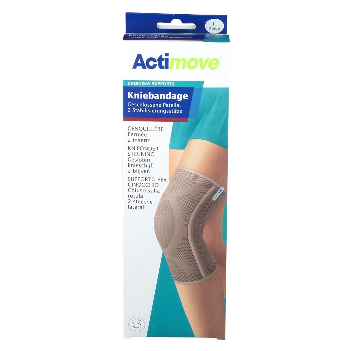 Actimove Kniebandage sur l'emballage. Inscription : Kniebandage, rotule fermée, 2 barres de stabilisation. Illustration du produit.