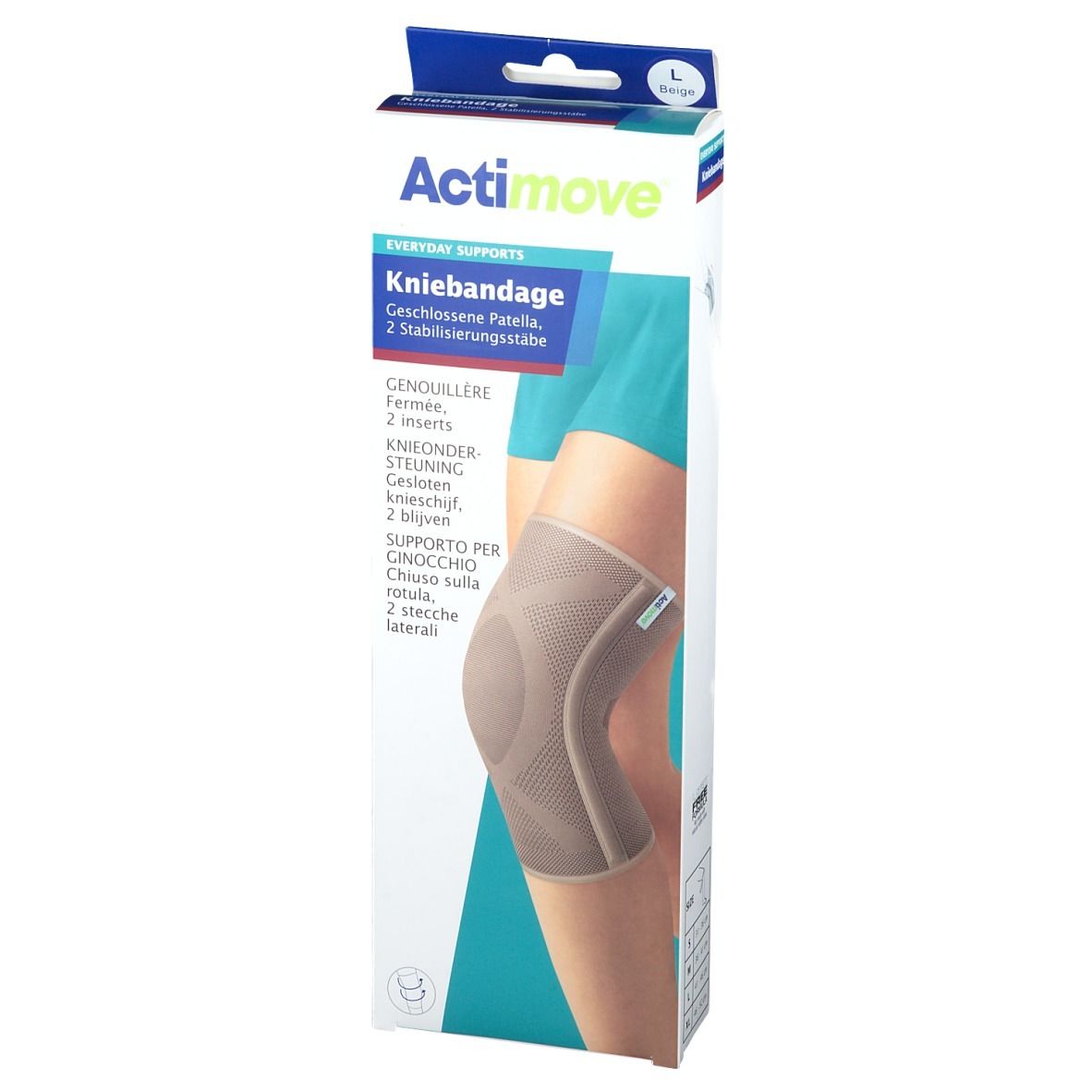 Actimove Kniebandage sur l'emballage. Inscription : Kniebandage, rotule fermée, 2 barres de stabilisation. Illustration du produit.