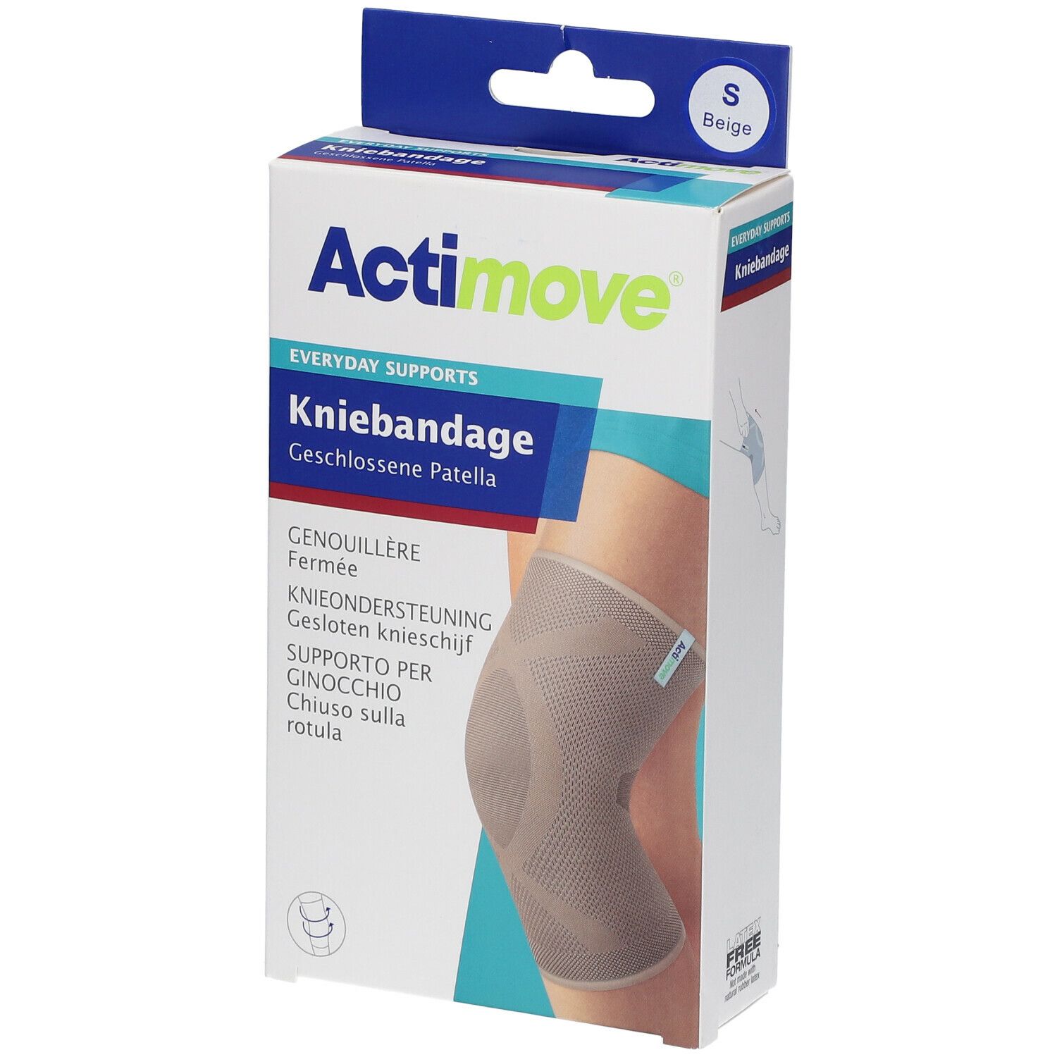 Actimove kniebandage in verpakking. Beige, maat S. Productnaam en beschrijving op de verpakking.