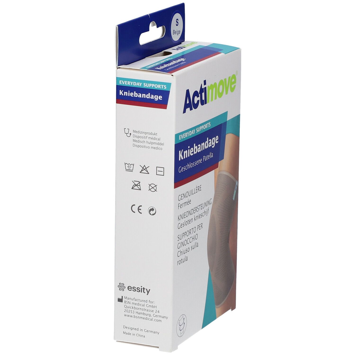 Verpakking van de Actimove kniebandage. Zijaanzicht met productinformatie, wassymbolen en CE-markering.