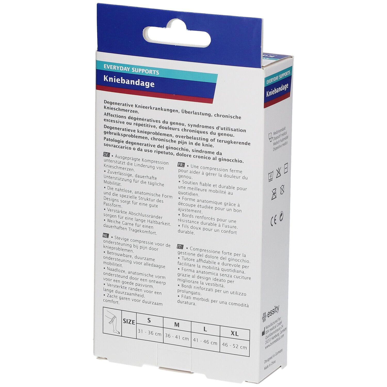 Achterkant van de Actimove kniebandage verpakking. Informatie over indicaties en maten.