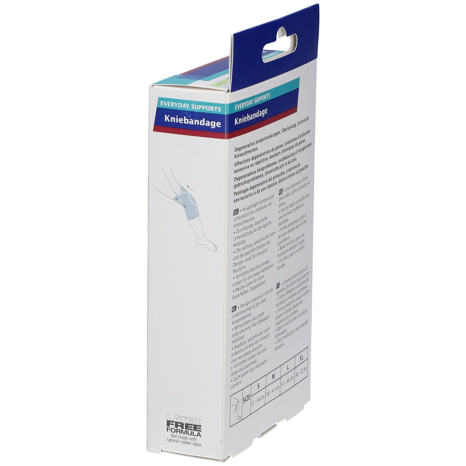 Zijaanzicht van de Actimove kniebandage verpakking. Illustratie van het product en maatindicaties.
