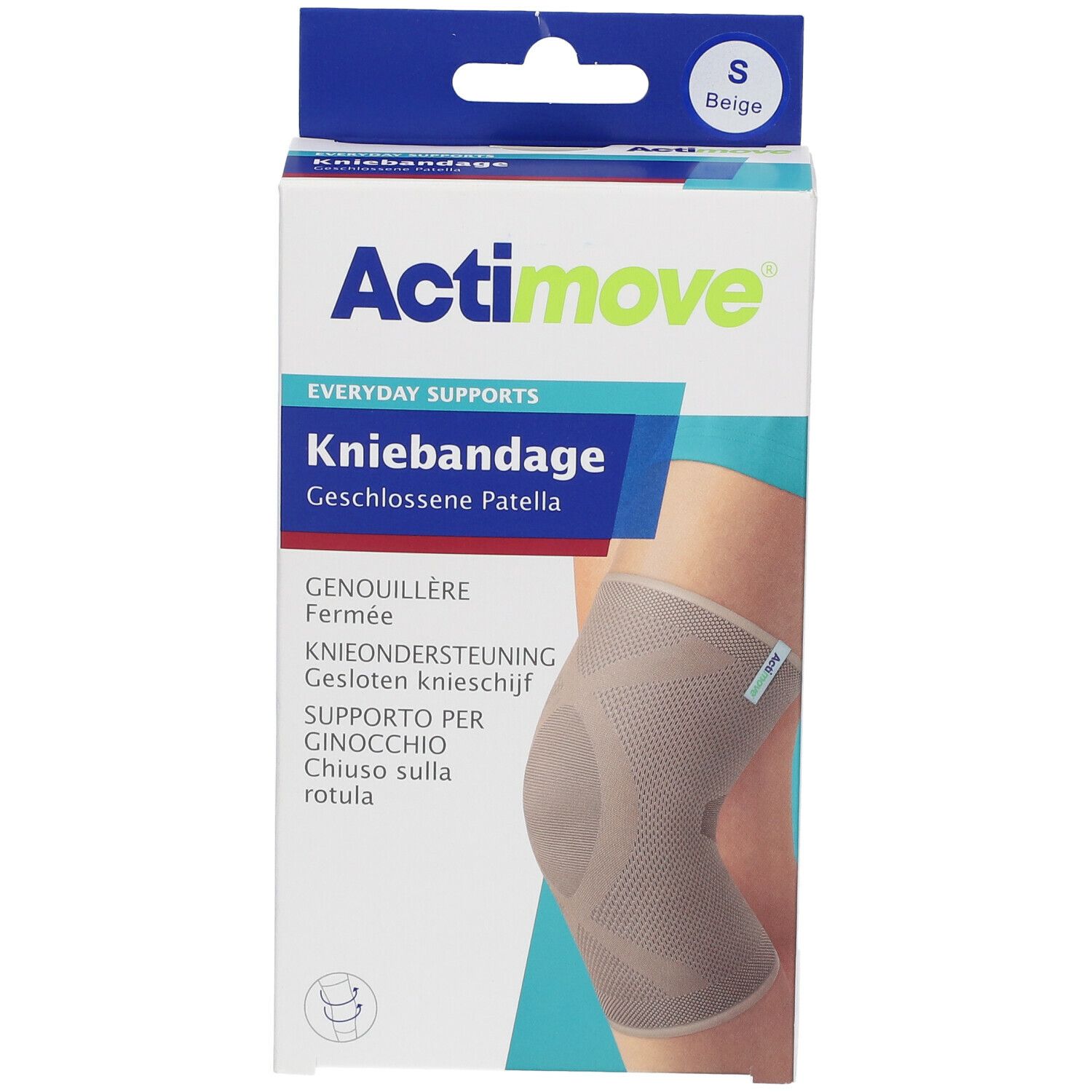 Actimove kniebandage in verpakking. Beige, maat S. Productnaam en beschrijving op de verpakking.