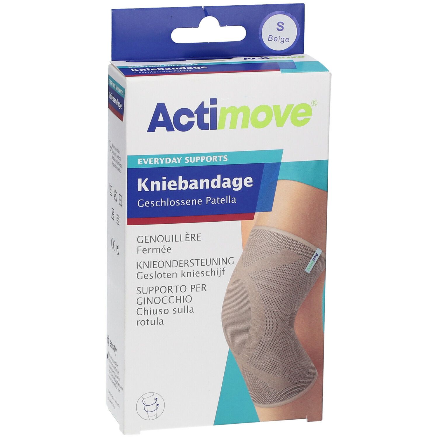 Actimove kniebandage in verpakking. Beige, maat S. Productnaam en beschrijving op de verpakking.