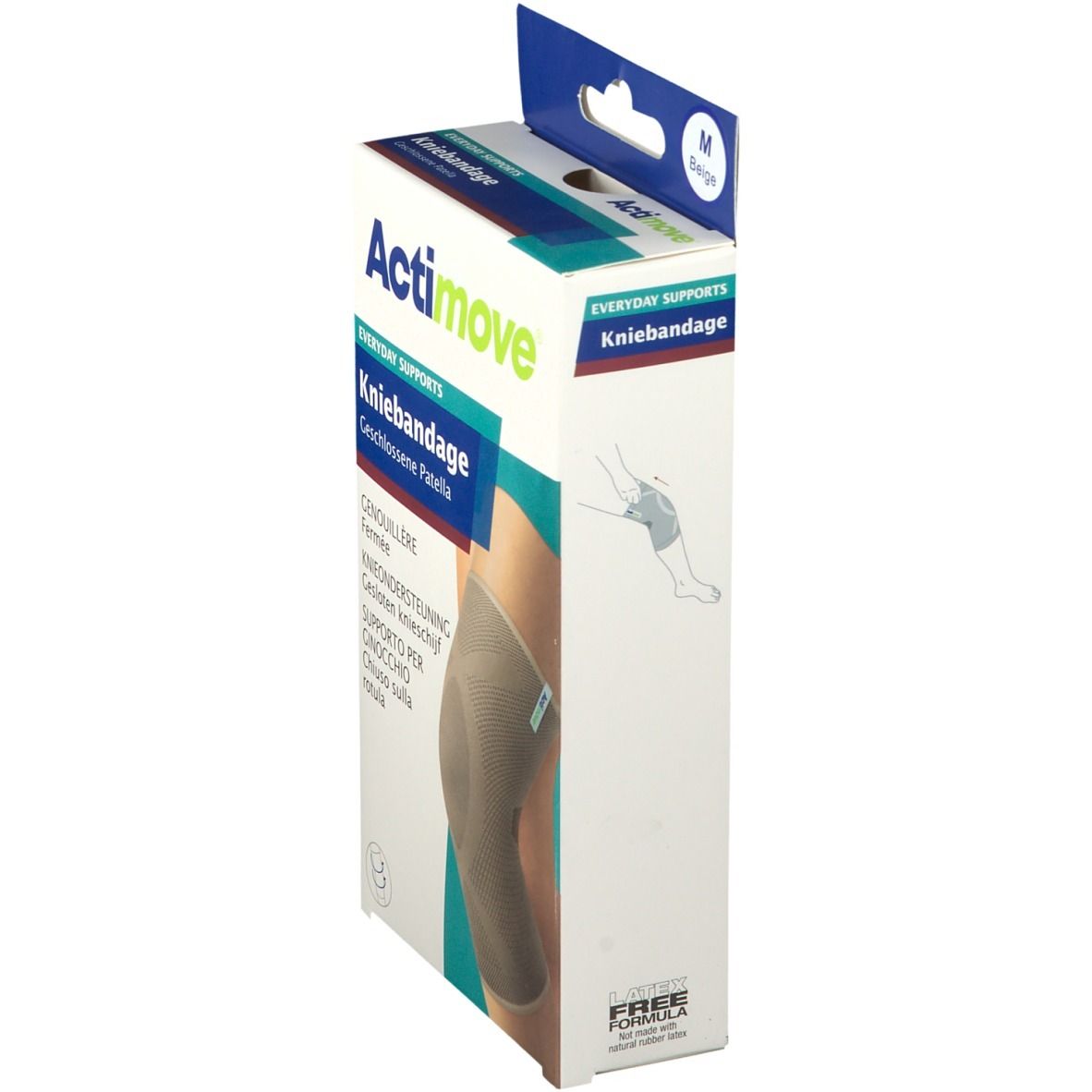 Zijkant van de kniebandage verpakking. Actimove. Beige, maat M. Opschrift: Kniebandage, Gesloten knieschijf.