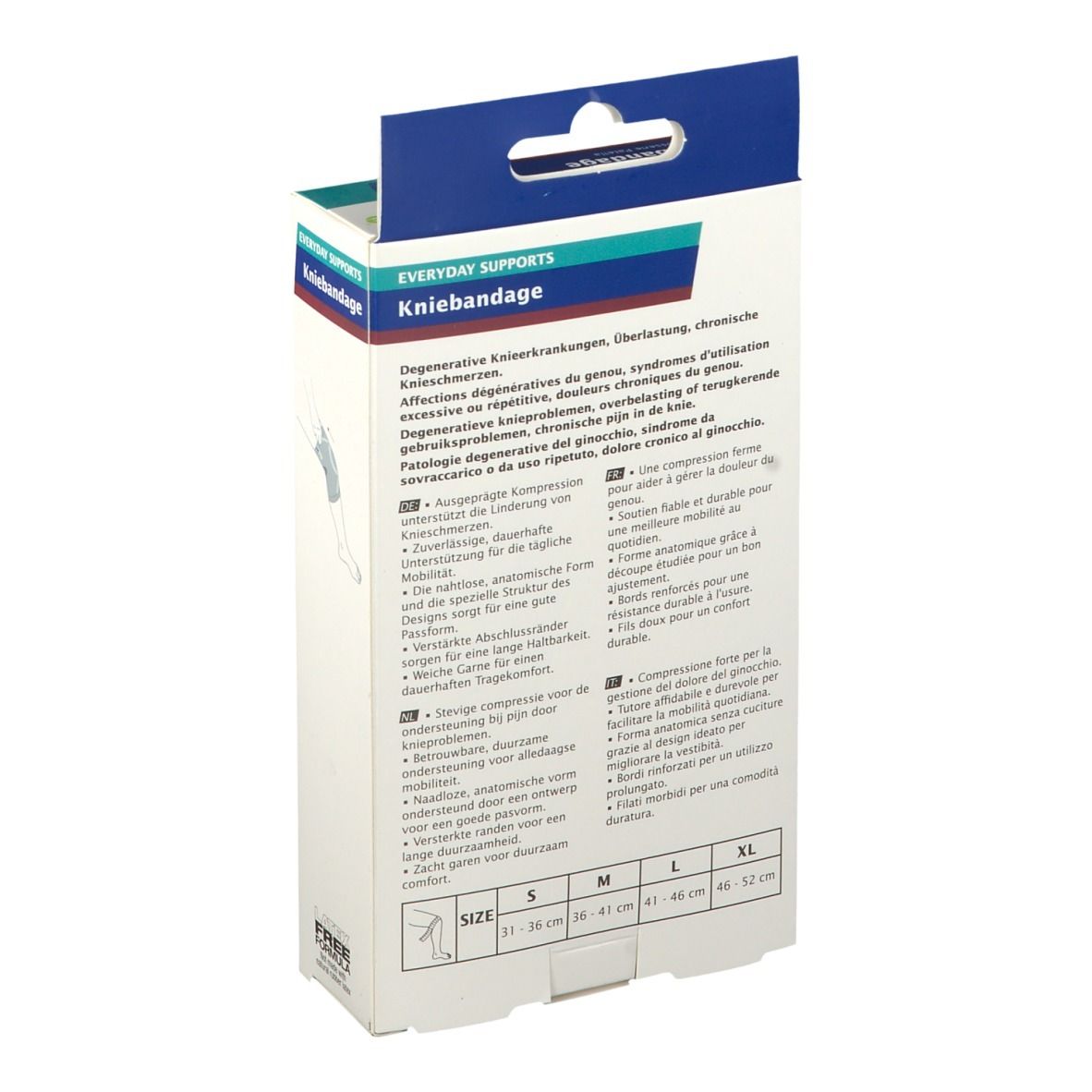 Achterkant van de kniebandage verpakking. Informatie over indicaties en maten. Maten: S, M, L, XL.