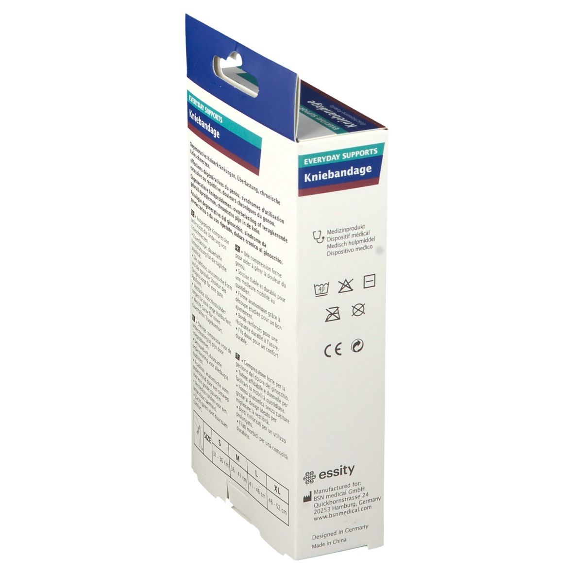 Zijkant van de kniebandage verpakking. Was symbolen, CE-markering. Merk essity.