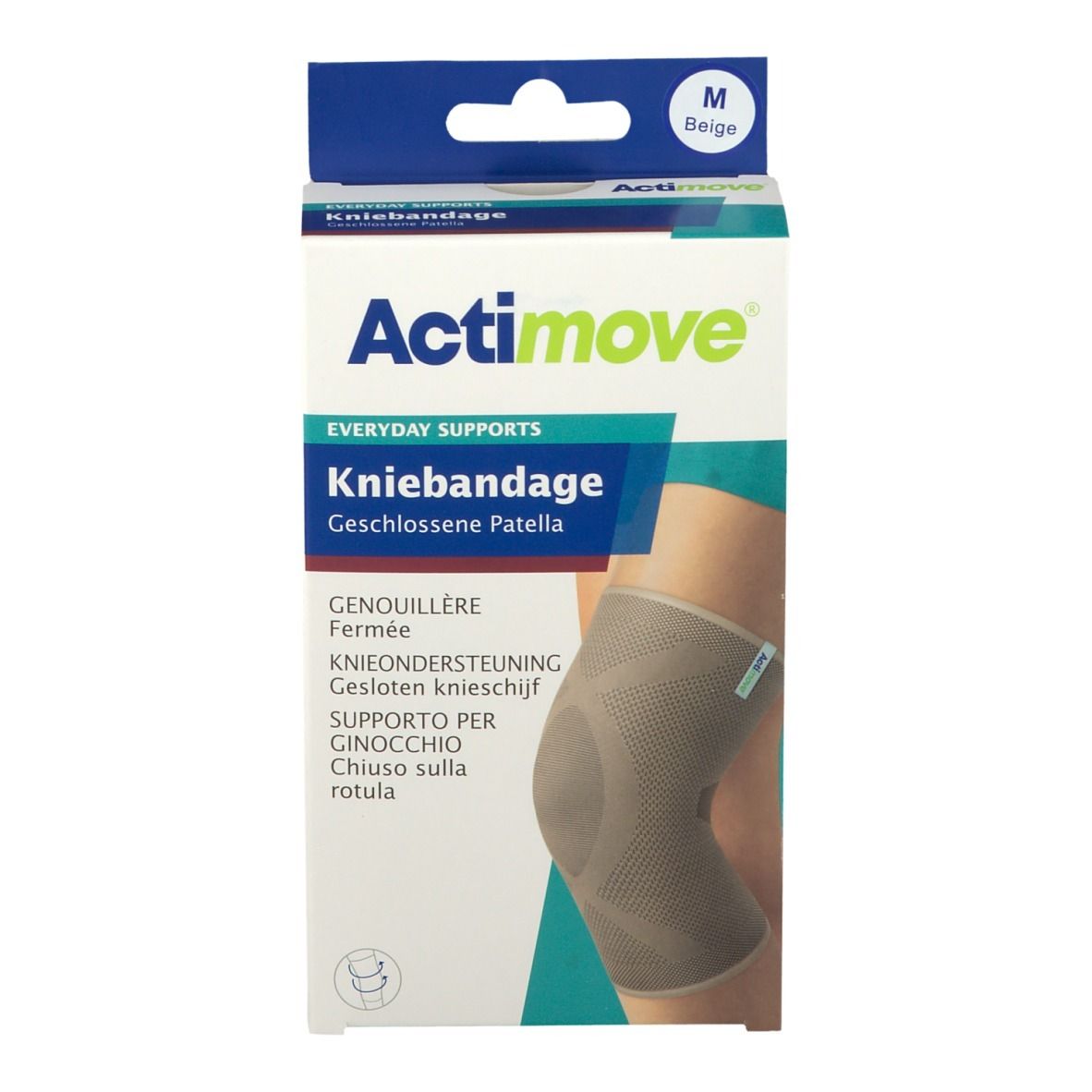 Actimove kniebandage in verpakking. Beige, maat M. Opschrift: Kniebandage, Gesloten knieschijf. Dagelijkse ondersteuning.