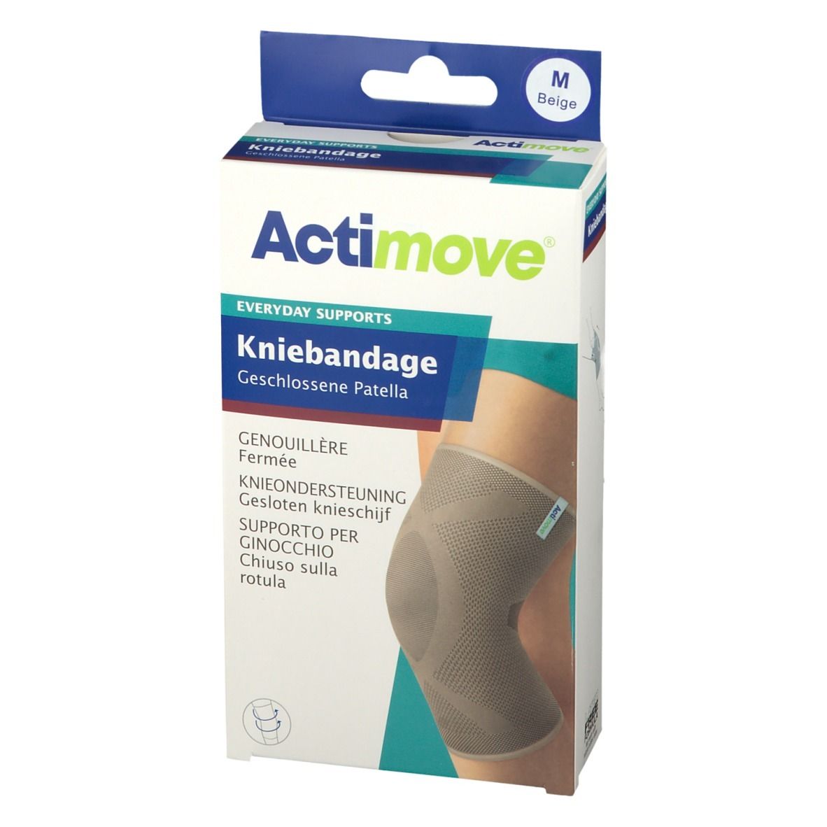 Actimove kniebandage in verpakking. Beige, maat M. Opschrift: Kniebandage, Gesloten knieschijf. Dagelijkse ondersteuning.