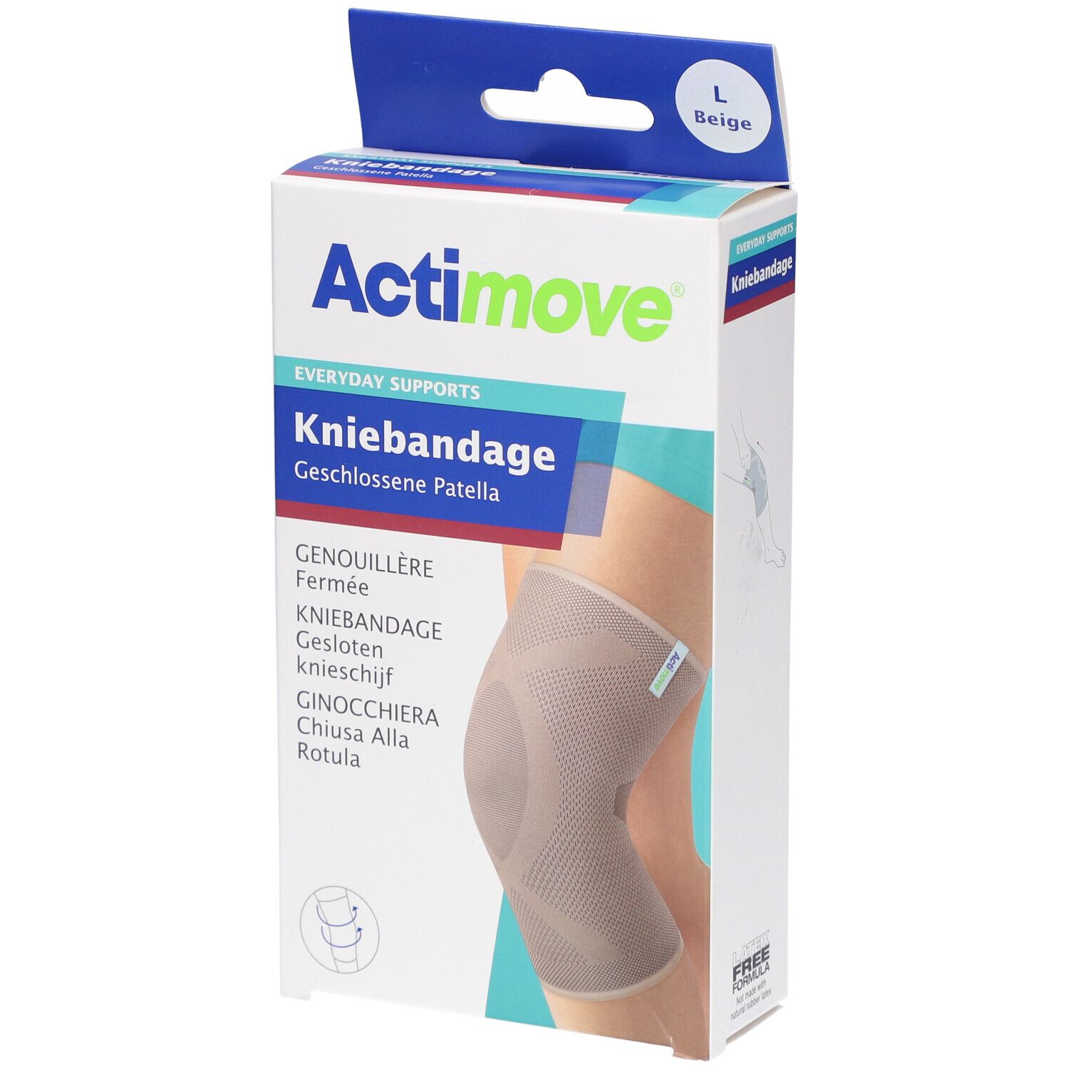 Actimove kniebandage in verpakking, maat L, beige. Opschriften: Kniebandage, Genouillère, Kniebandage, Ginocchiera. Afbeelding van knie.