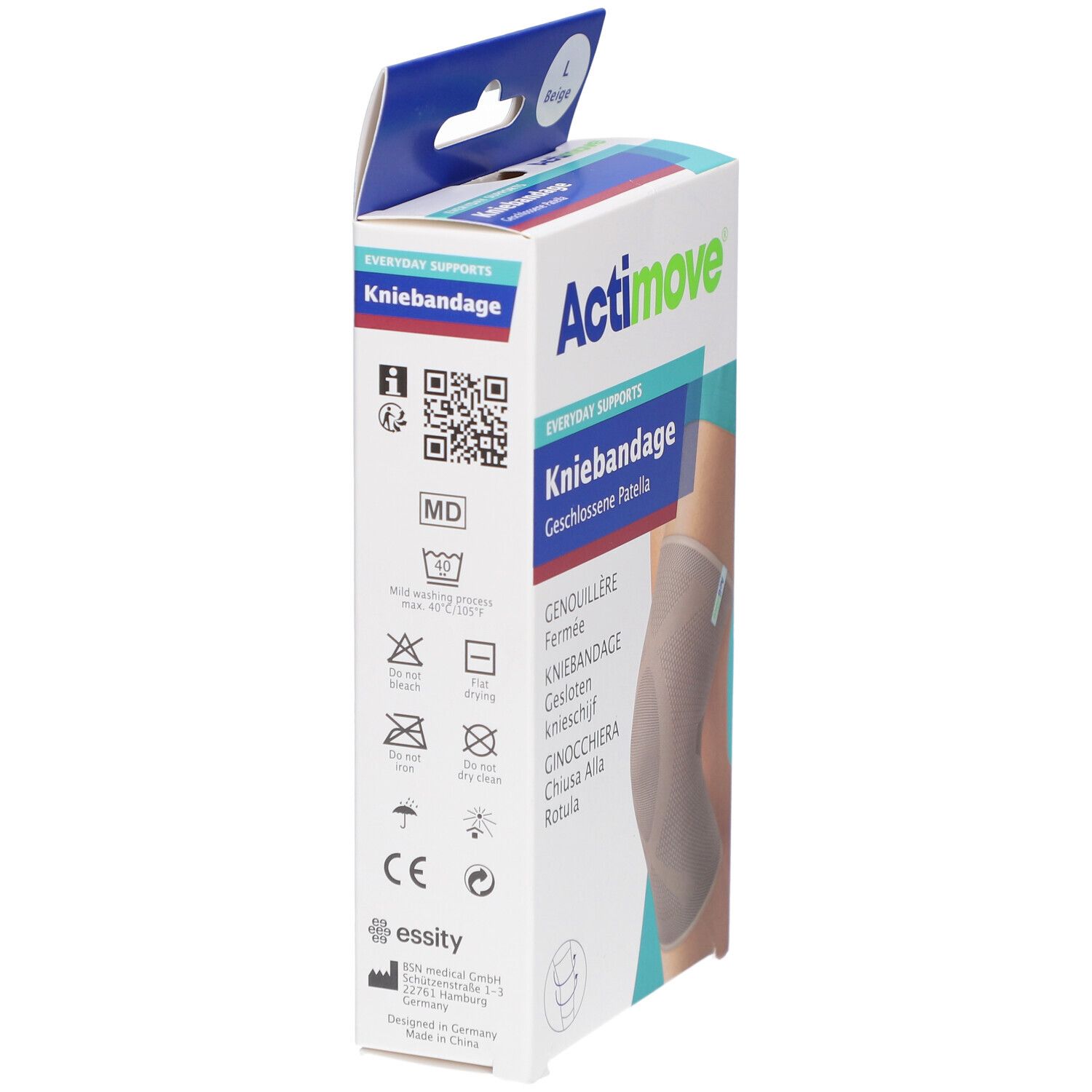 Verpakking van kniebandage. Opschriften: Actimove, Kniebandage, wassymbolen, CE-markering. QR-code en MD-symbool.